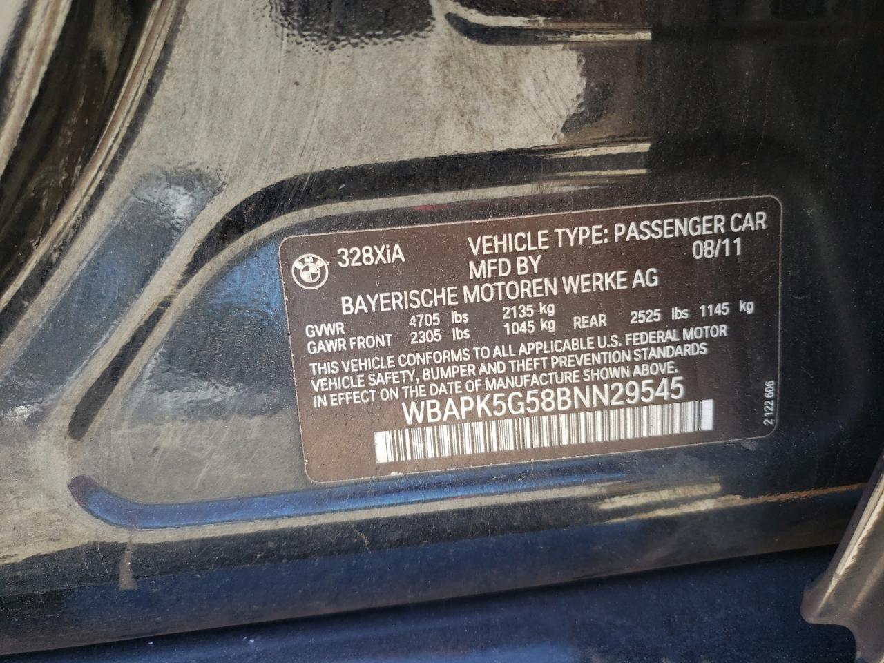 2011 BMW 328 Xi Sulev VIN: WBAPK5G58BNN29545 Lot: 81501445