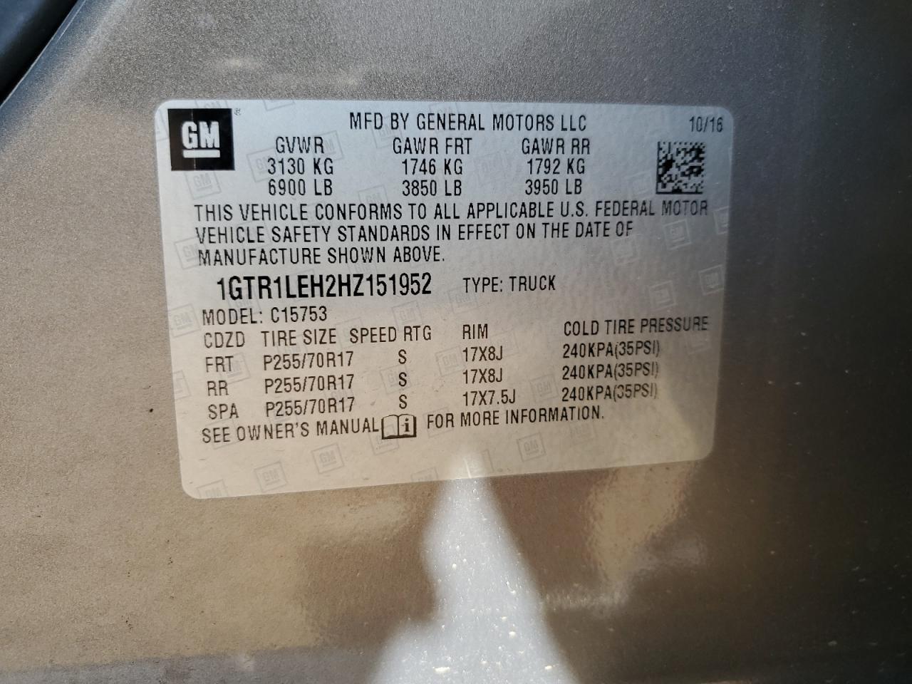 2017 GMC Sierra C1500 VIN: 1GTR1LEH2HZ151952 Lot: 84190225