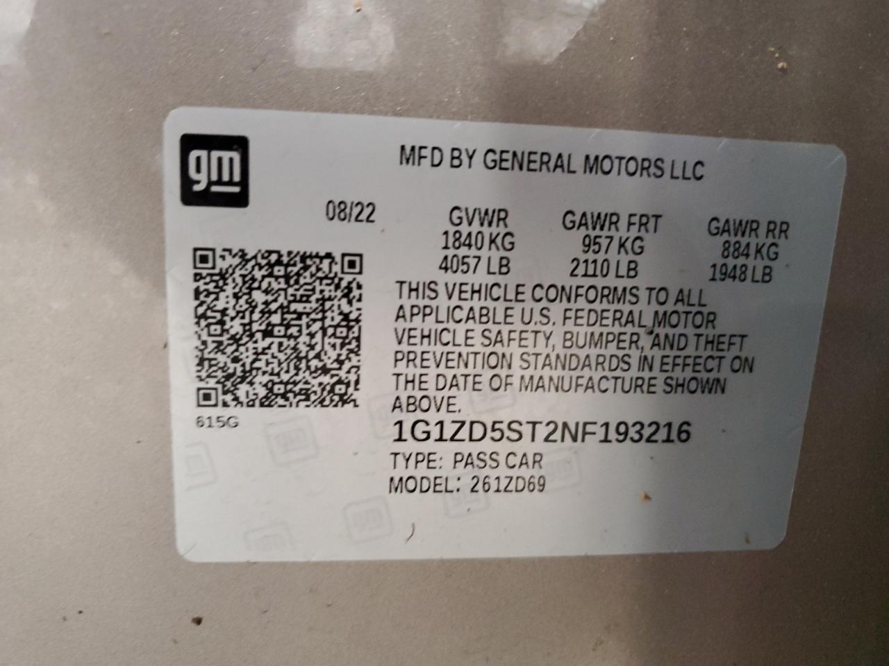 2022 Chevrolet Malibu Lt VIN: 1G1ZD5ST2NF193216 Lot: 80312485