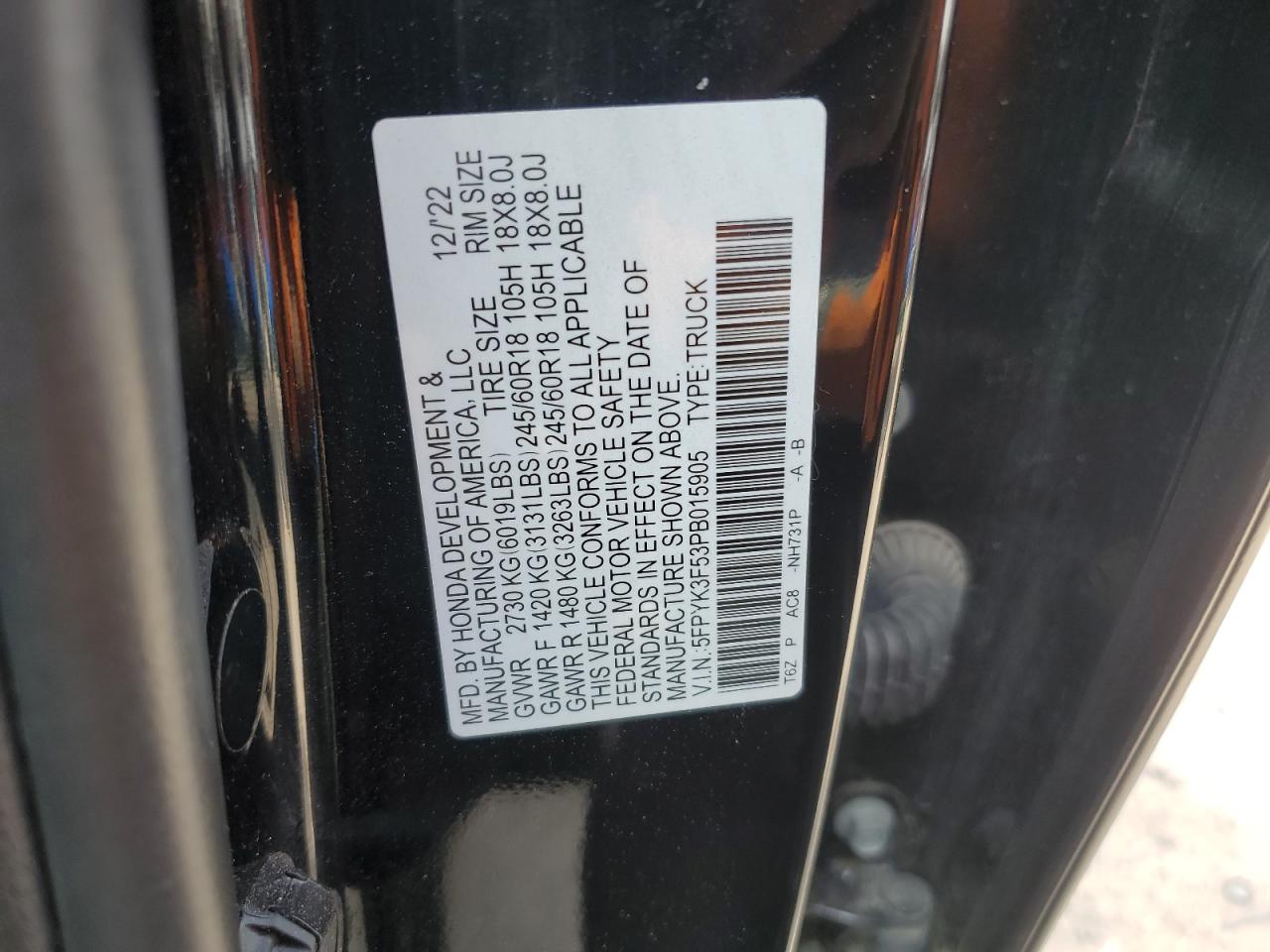 2023 Honda Ridgeline Rtl VIN: 5FPYK3F53PB015905 Lot: 80536145