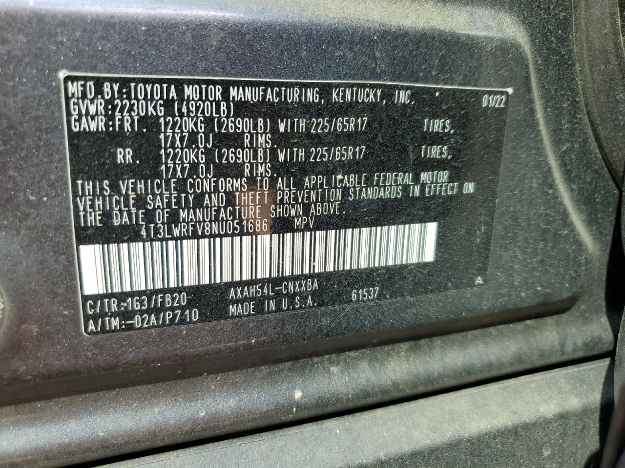 2022 Toyota Rav4 Le VIN: 4T3LWRFV8NU051686 Lot: 81094765