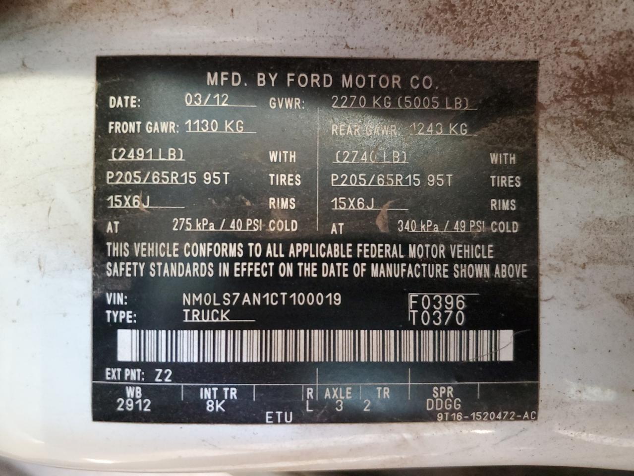 2012 Ford Transit Connect Xl VIN: NM0LS7AN1CT100019 Lot: 84249735