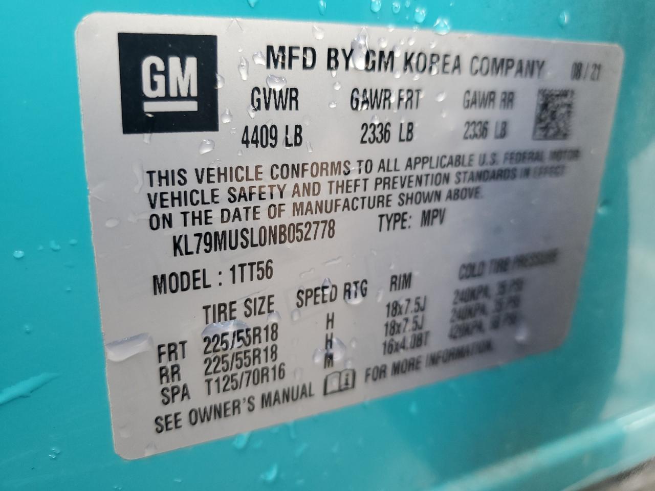 2022 Chevrolet Trailblazer Rs VIN: KL79MUSL0NB052778 Lot: 82110255