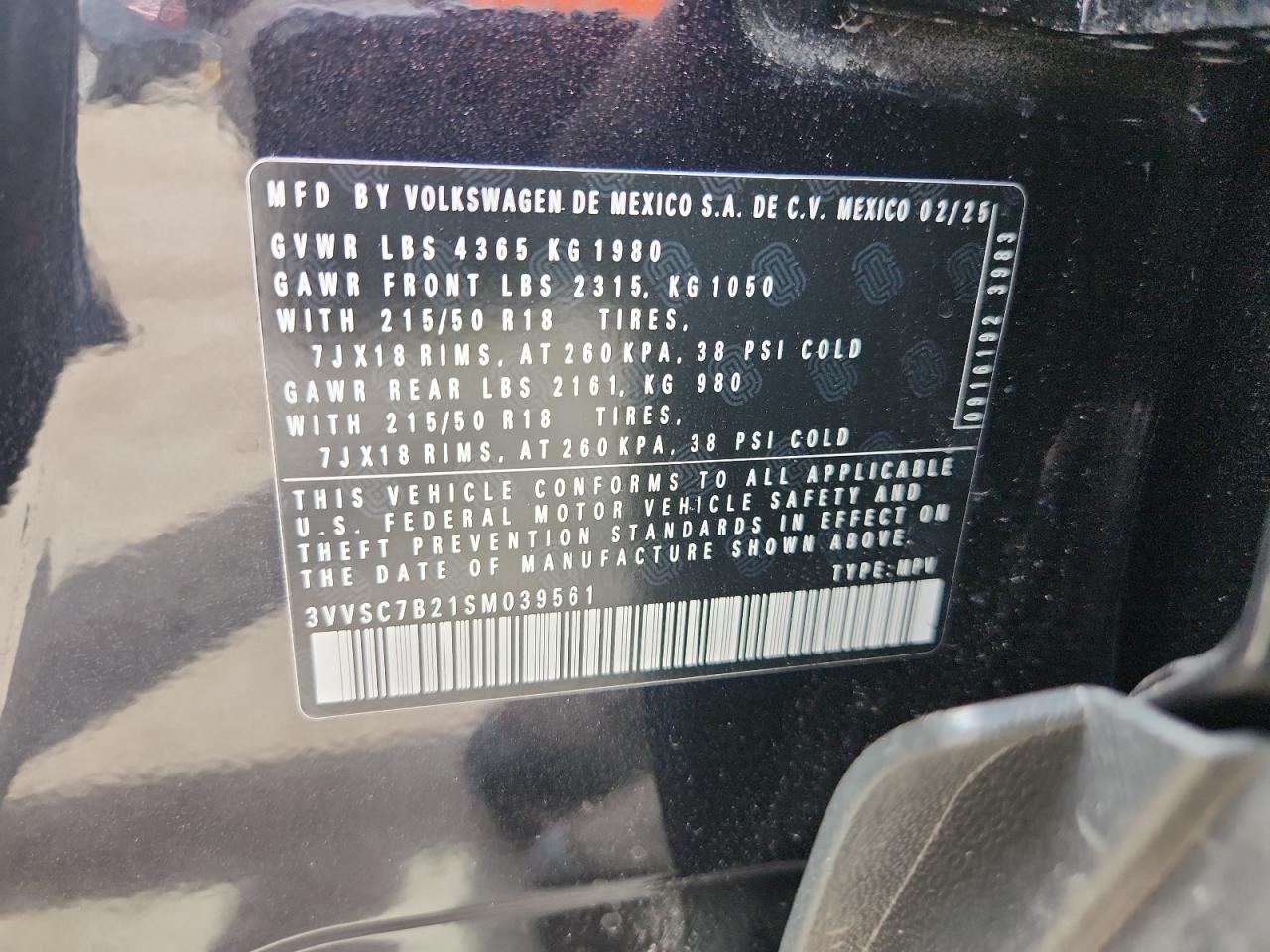 2025 Volkswagen Taos Se VIN: 3VVSC7B21SM039561 Lot: 81419065