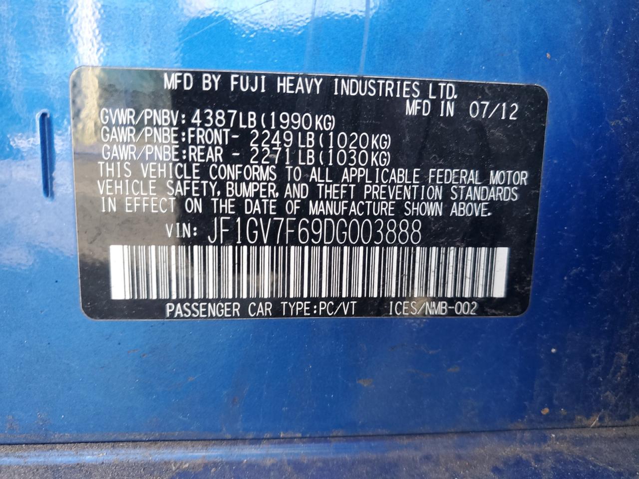2013 Subaru Impreza Wrx VIN: JF1GV7F69DG003888 Lot: 71664335