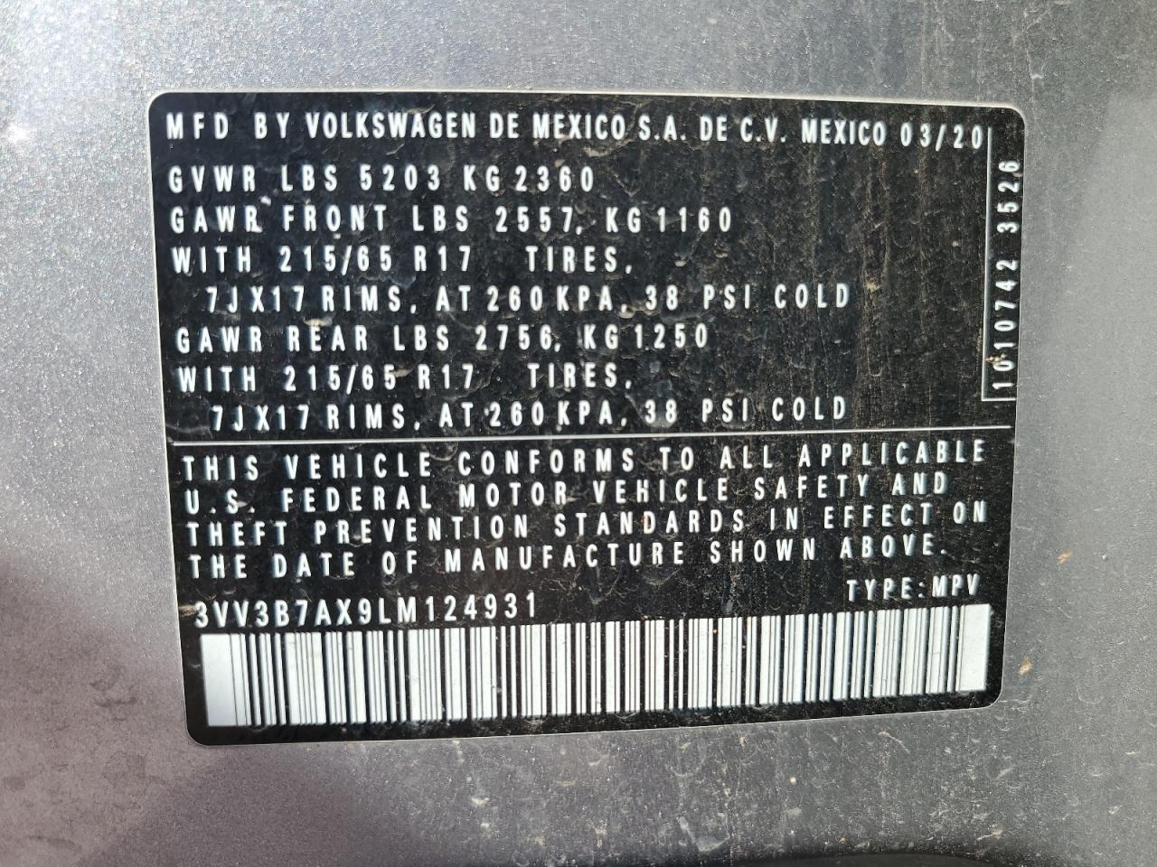 2020 Volkswagen Tiguan Se VIN: 3VV3B7AX9LM124931 Lot: 71186715