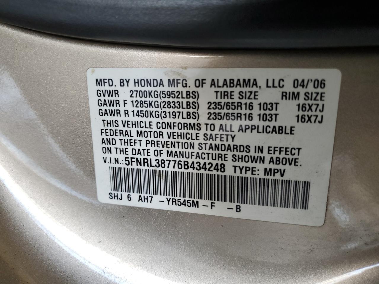 2006 Honda Odyssey Exl VIN: 5FNRL38776B434248 Lot: 84250025