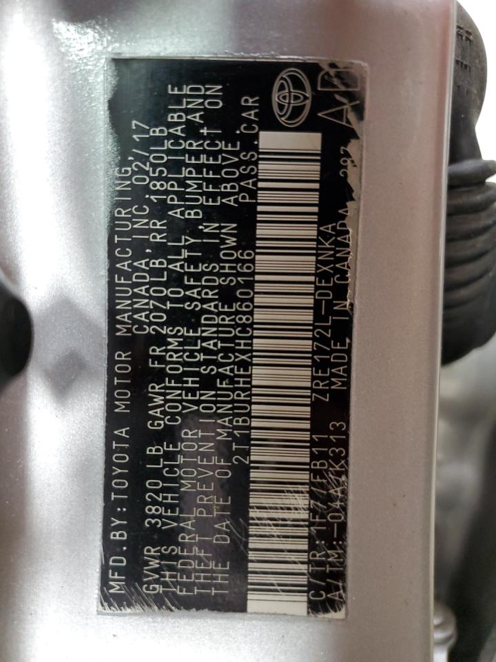 2017 Toyota Corolla L VIN: 2T1BURHEXHC860166 Lot: 82080565