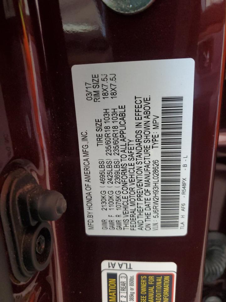 2017 Honda Cr-V Touring VIN: 5J6RW2H93HL028626 Lot: 80605835