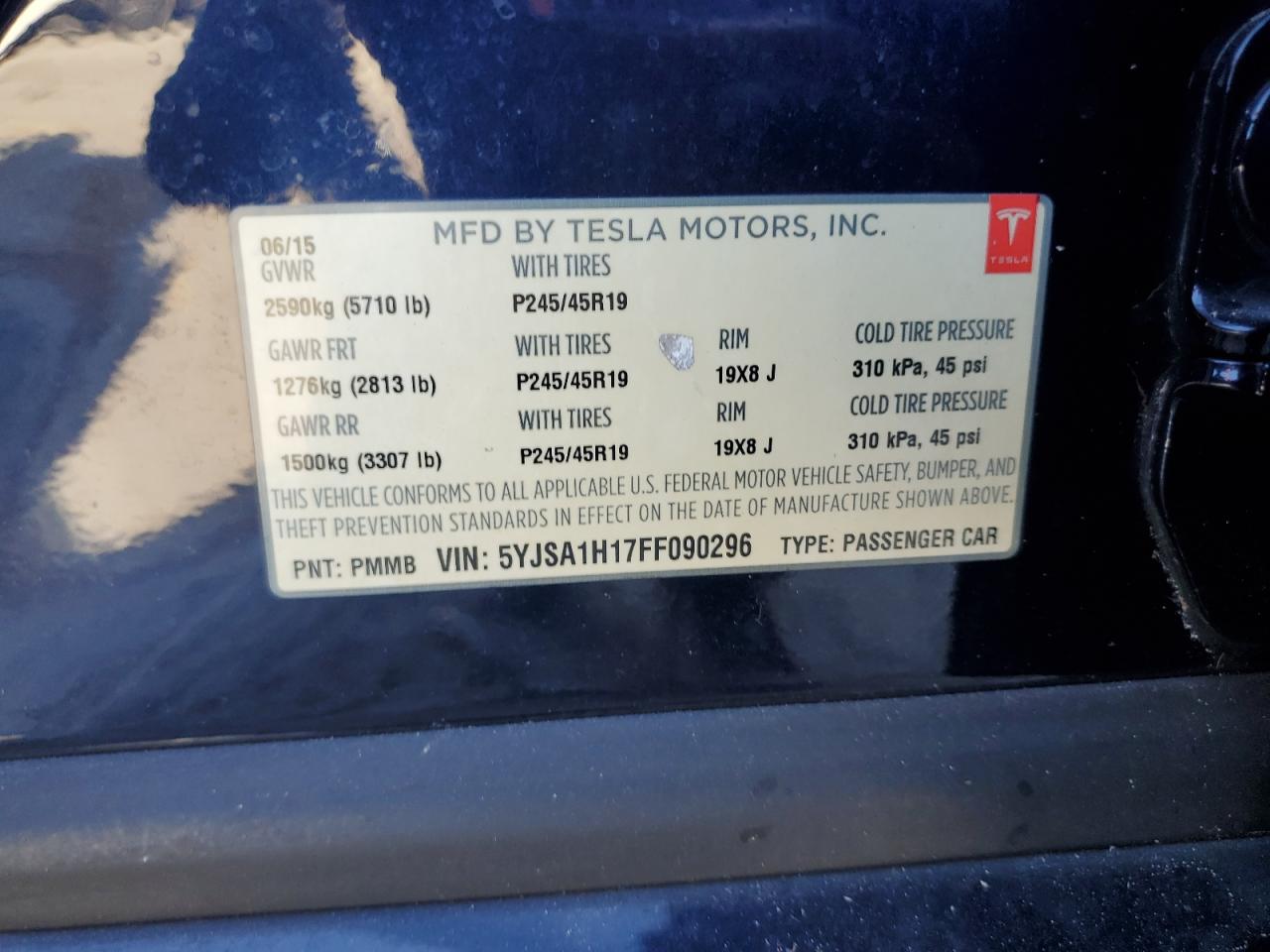 2015 Tesla Model S 85 VIN: 5YJSA1H17FF090296 Lot: 81676905
