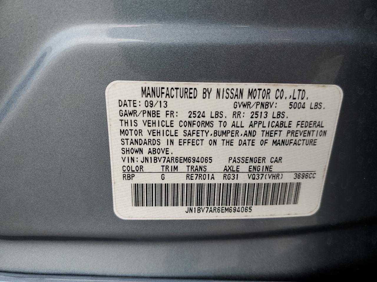 2014 Infiniti Q50 Base VIN: JN1BV7AR6EM694065 Lot: 72056935