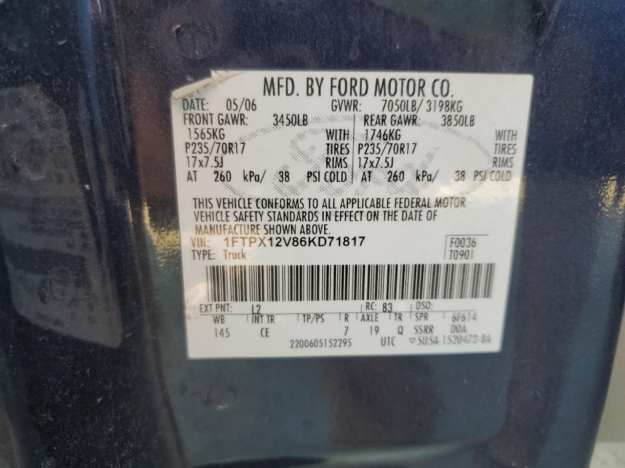 2006 Ford F150 VIN: 1FTPX12V86KD71817 Lot: 80859315