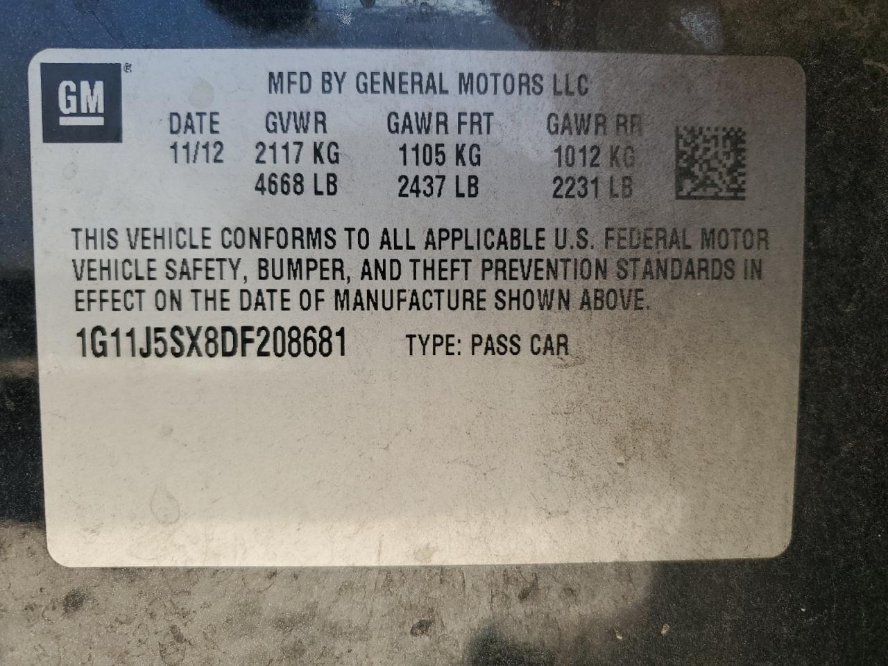 2013 Chevrolet Malibu Ltz VIN: 1G11J5SX8DF208681 Lot: 71079555