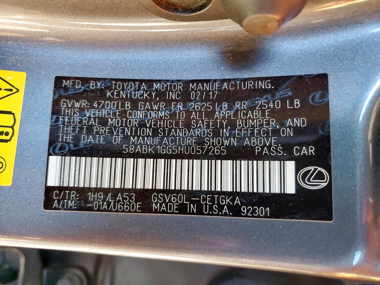 2017 Lexus Es 350 VIN: 58ABK1GG5HU057265 Lot: 80754545