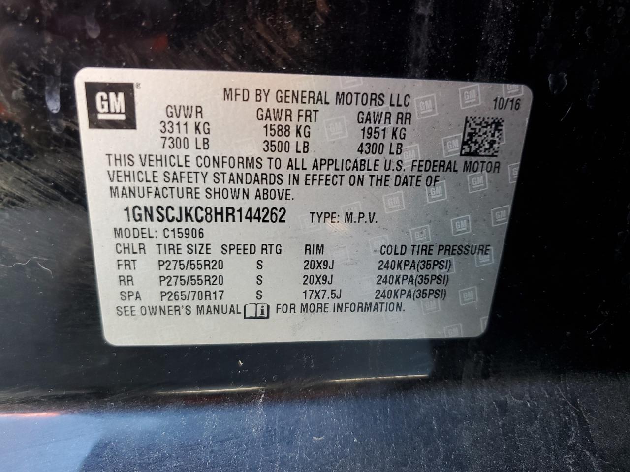 2017 Chevrolet Suburban C1500 Premier VIN: 1GNSCJKC8HR144262 Lot: 70103145