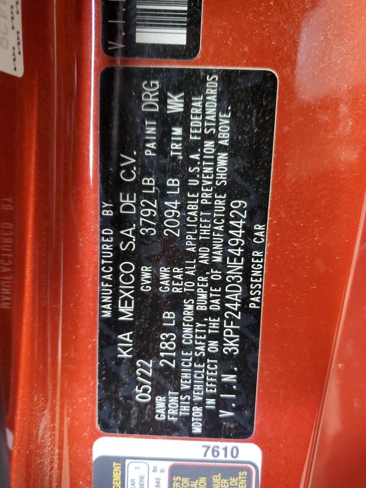 2022 Kia Forte Fe VIN: 3KPF24AD3NE494429 Lot: 80871335