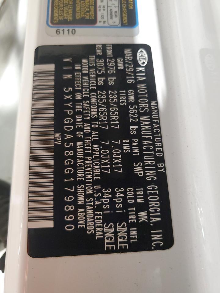 2016 Kia Sorento Lx VIN: 5XYPGDA58GG179890 Lot: 81701335