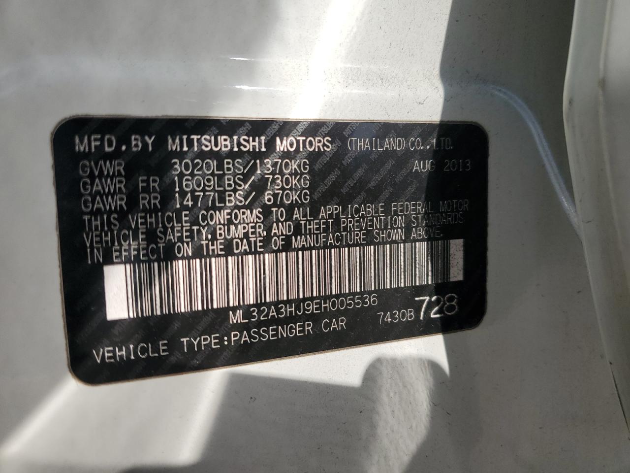 2014 Mitsubishi Mirage De VIN: ML32A3HJ9EH005536 Lot: 81801615