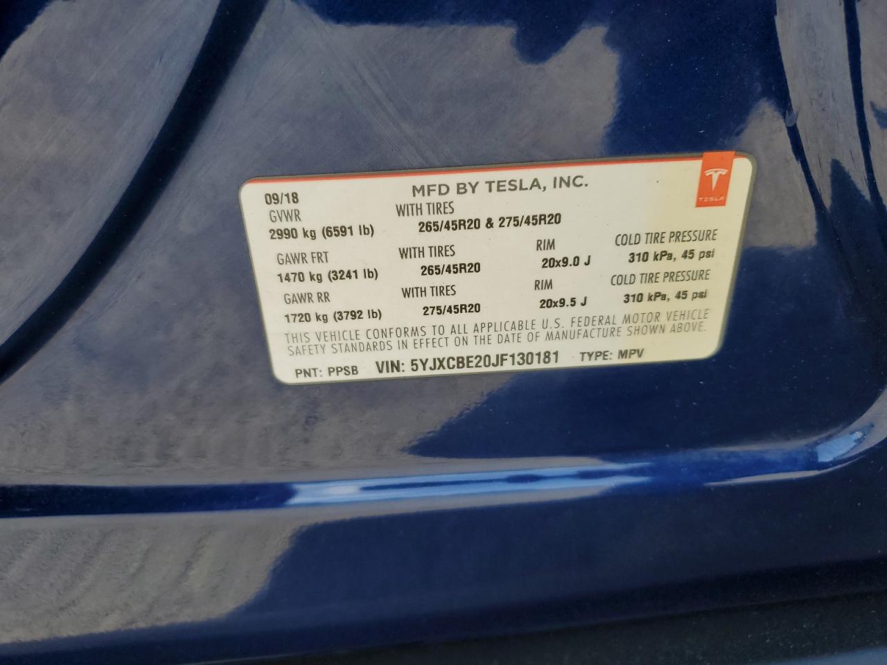 2018 Tesla Model X VIN: 5YJXCBE20JF130181 Lot: 80021715