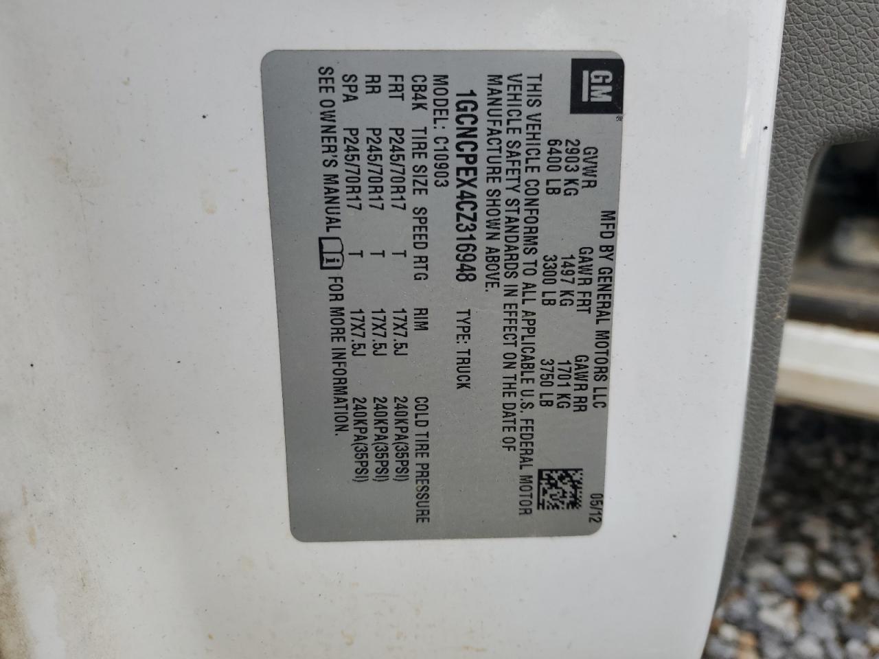 2012 Chevrolet Silverado C1500 VIN: 1GCNCPEX4CZ316948 Lot: 84022295