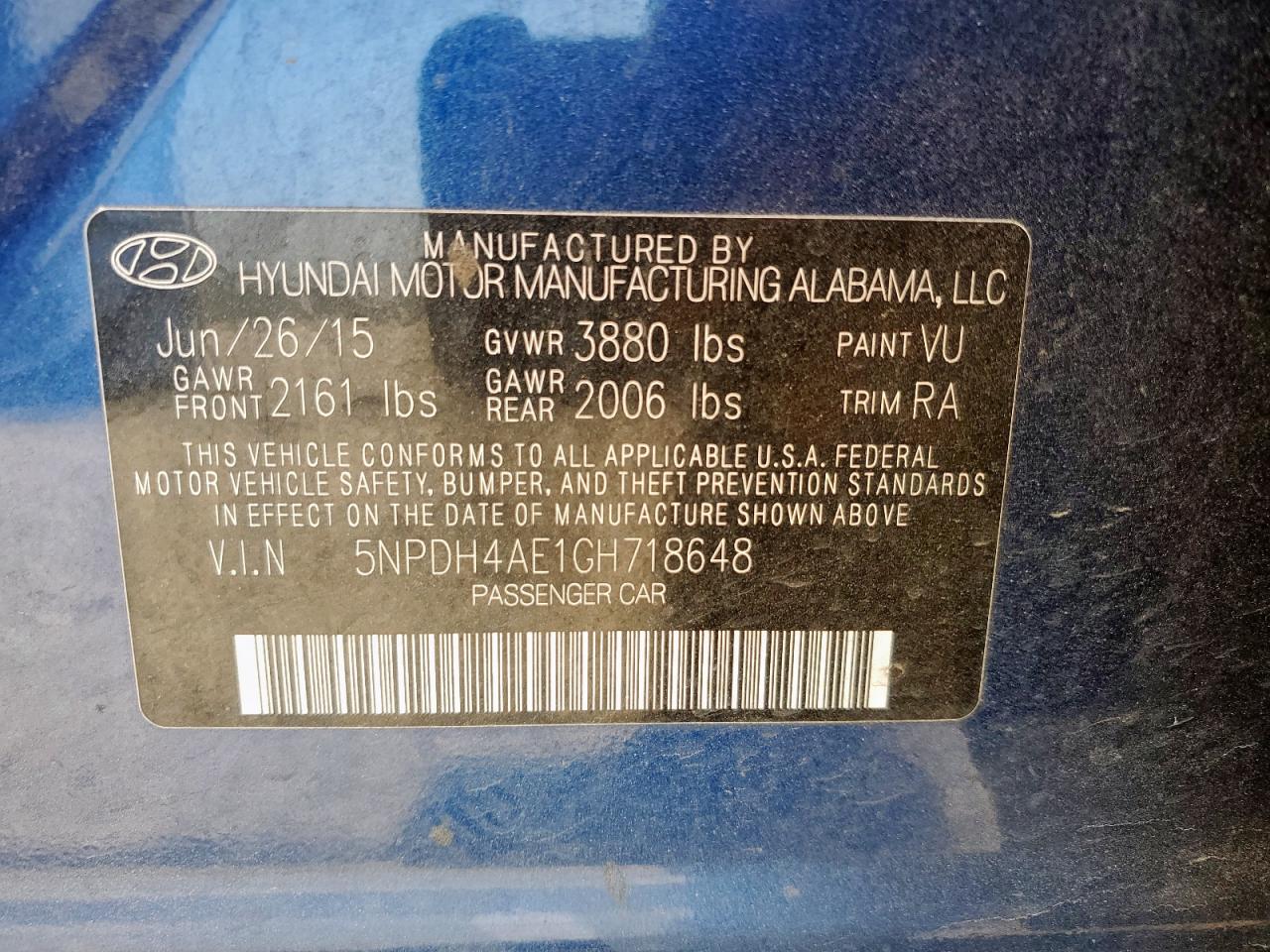 2016 Hyundai Elantra Se VIN: 5NPDH4AE1GH718648 Lot: 81566945