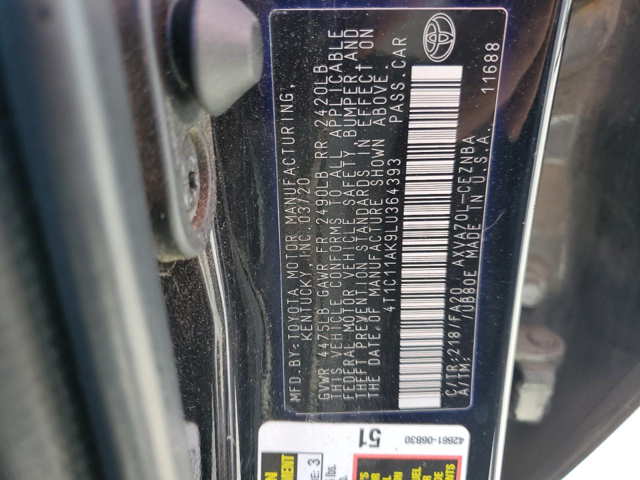 2020 Toyota Camry Le VIN: 4T1C11AK9LU364393 Lot: 80192935