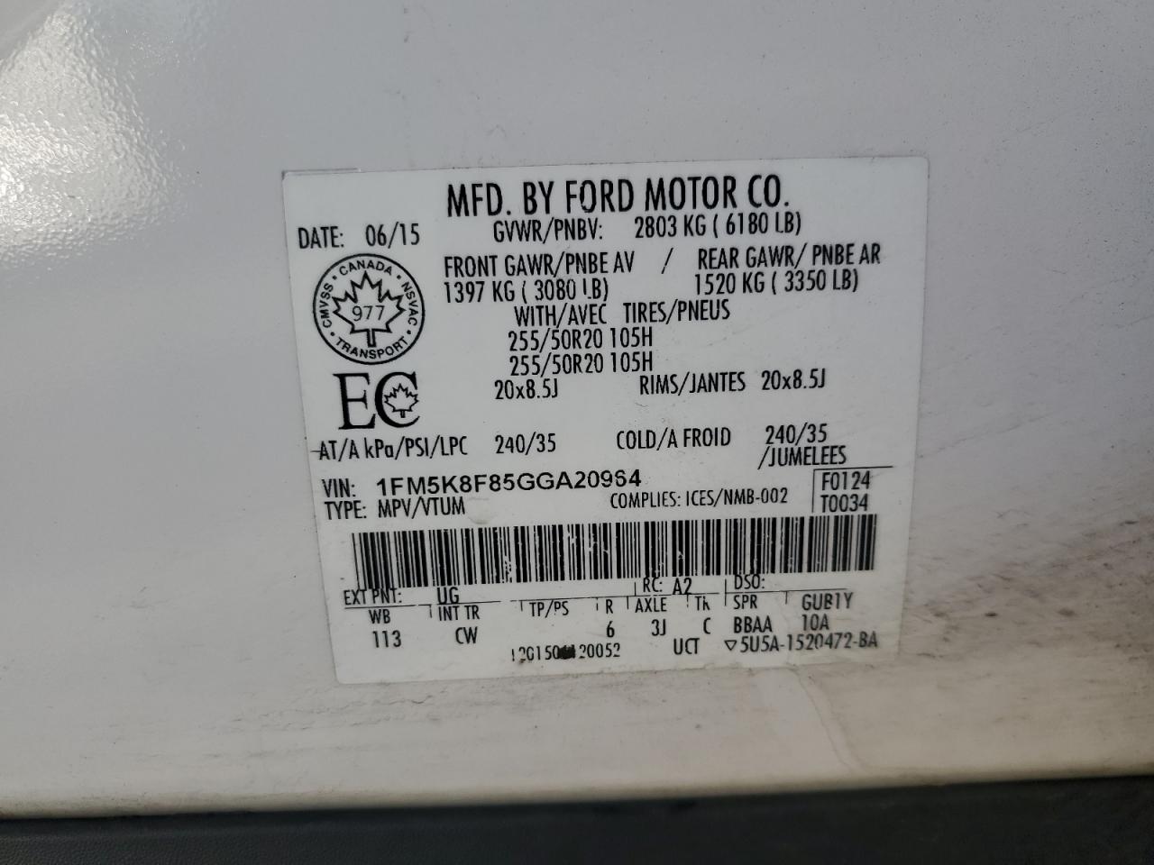 2016 Ford Explorer Limited VIN: 1FM5K8F85GGA20964 Lot: 71852455