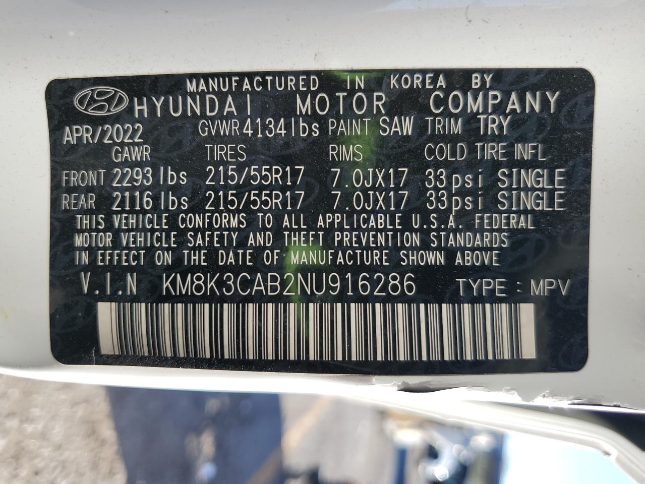 2022 Hyundai Kona Sel VIN: KM8K3CAB2NU916286 Lot: 83831325