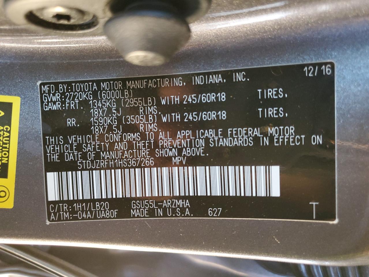 2017 Toyota Highlander Se VIN: 5TDJZRFH1HS367266 Lot: 84749725