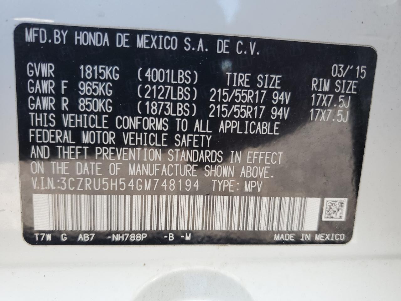 2016 Honda Hr-V Ex VIN: 3CZRU5H54GM748194 Lot: 84442945