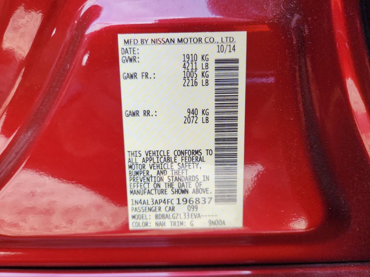 2015 Nissan Altima 2.5 VIN: 1N4AL3AP4FC196837 Lot: 70594235