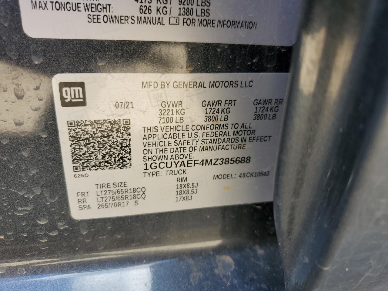 2021 Chevrolet Silverado K1500 VIN: 1GCUYAEF4MZ385688 Lot: 82120135