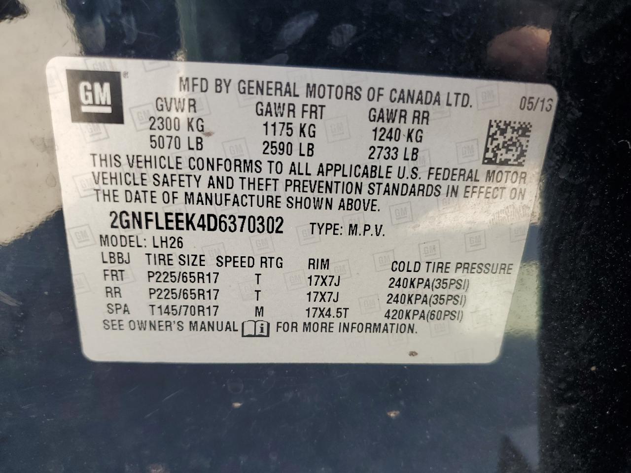 2013 Chevrolet Equinox Lt VIN: 2GNFLEEK4D6370302 Lot: 81485985