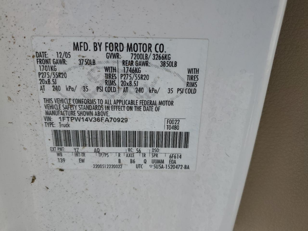 2006 Ford F150 Supercrew VIN: 1FTPW14V36FA70929 Lot: 83987485