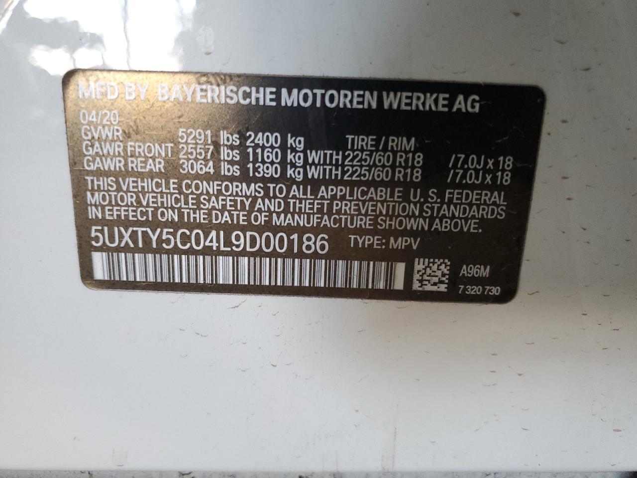 2020 BMW X3 xDrive30I VIN: 5UXTY5C04L9D00186 Lot: 81844095