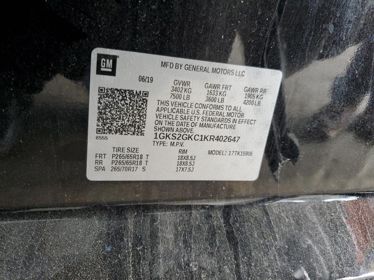 2019 GMC Yukon Xl K1500 Slt VIN: 1GKS2GKC1KR402647 Lot: 84386645