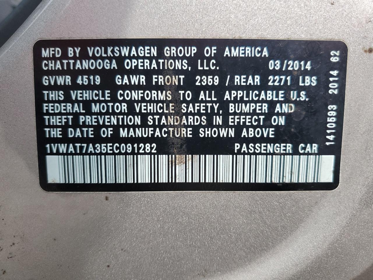 2014 Volkswagen Passat S VIN: 1VWAT7A35EC091282 Lot: 81175495