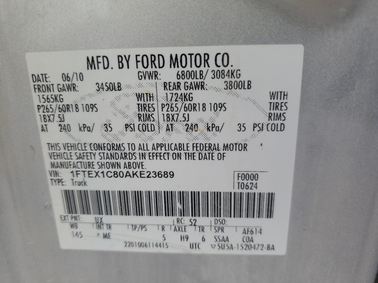 2010 Ford F150 Super Cab VIN: 1FTEX1C80AKE23689 Lot: 80751565