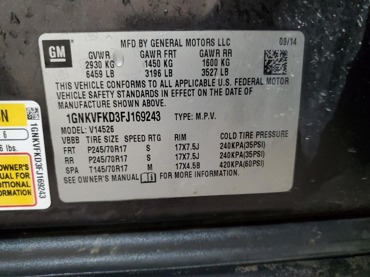 2015 Chevrolet Traverse Ls VIN: 1GNKVFKD3FJ169243 Lot: 71411945