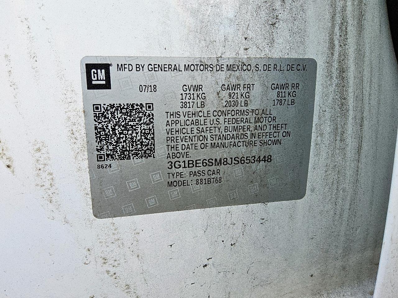 2018 Chevrolet Cruze Lt VIN: 3G1BE6SM8JS653448 Lot: 80308065