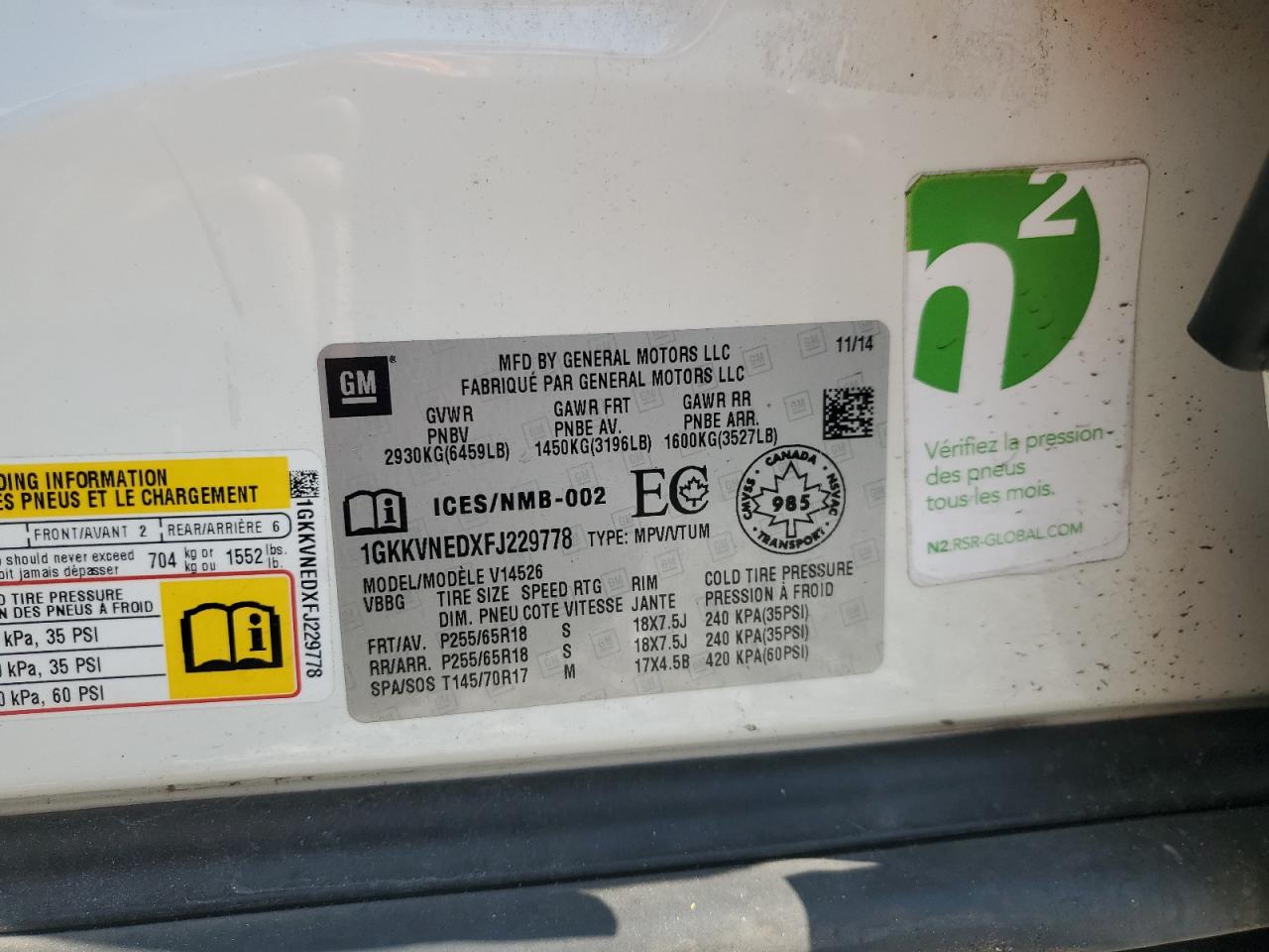 2015 GMC Acadia Sle VIN: 1GKKVNEDXFJ229778 Lot: 80441385