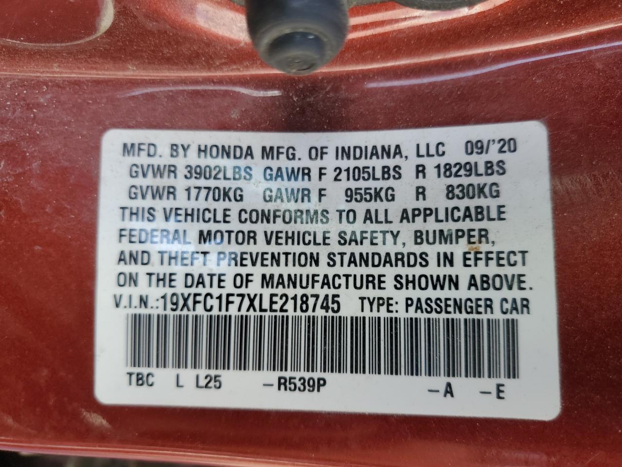 2020 Honda Civic Exl VIN: 19XFC1F7XLE218745 Lot: 80168125