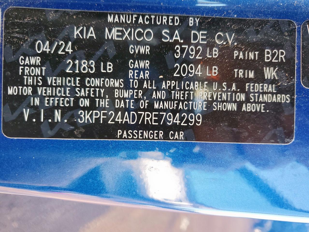 2024 Kia Forte Lx VIN: 3KPF24AD7RE794299 Lot: 72066675