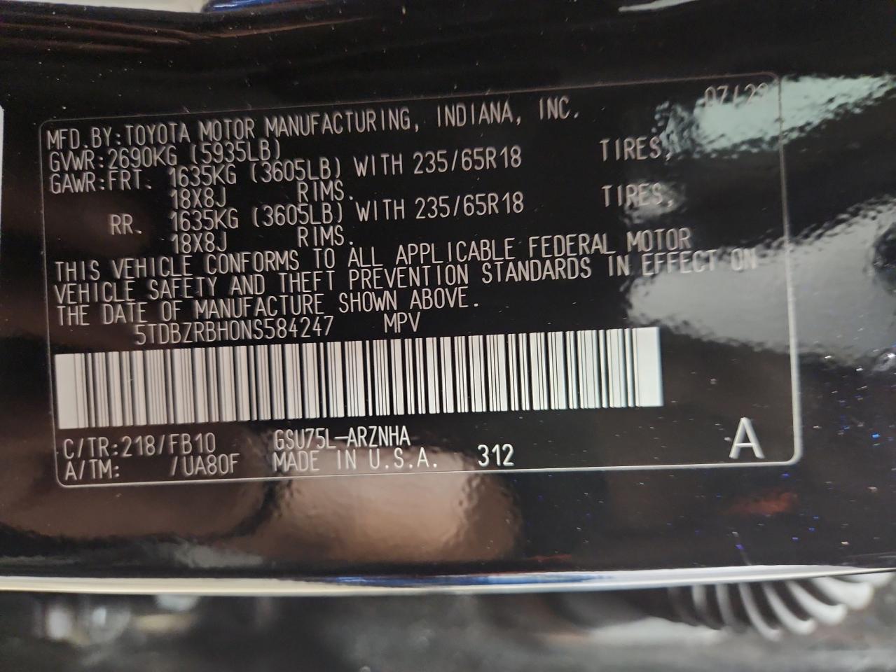 2022 Toyota Highlander L VIN: 5TDBZRBH0NS584247 Lot: 71804355