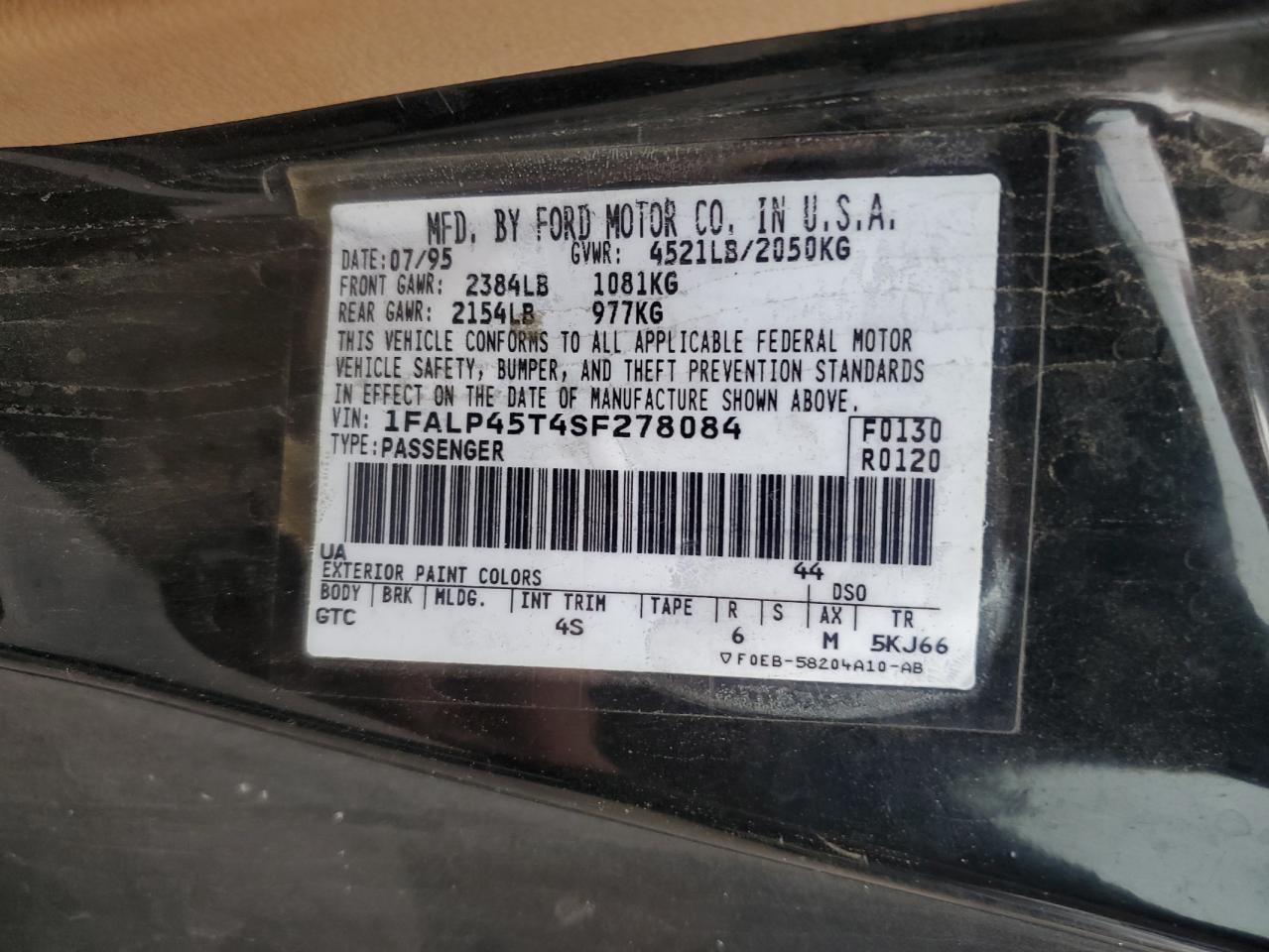 1995 Ford Mustang Gt VIN: 1FALP45T4SF278084 Lot: 82127645