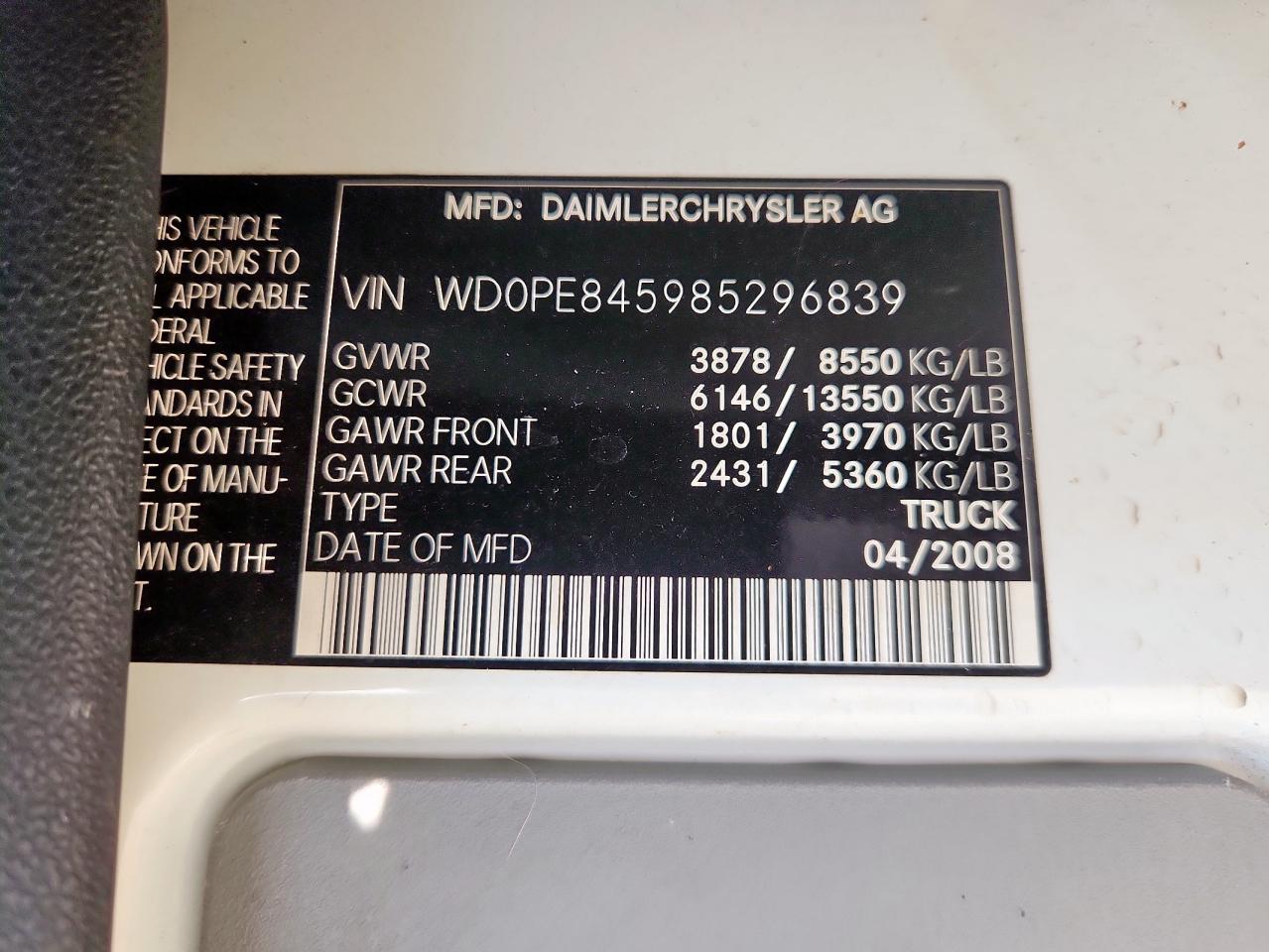 2008 Dodge Sprinter 2500 VIN: WD0PE845985296839 Lot: 80836475