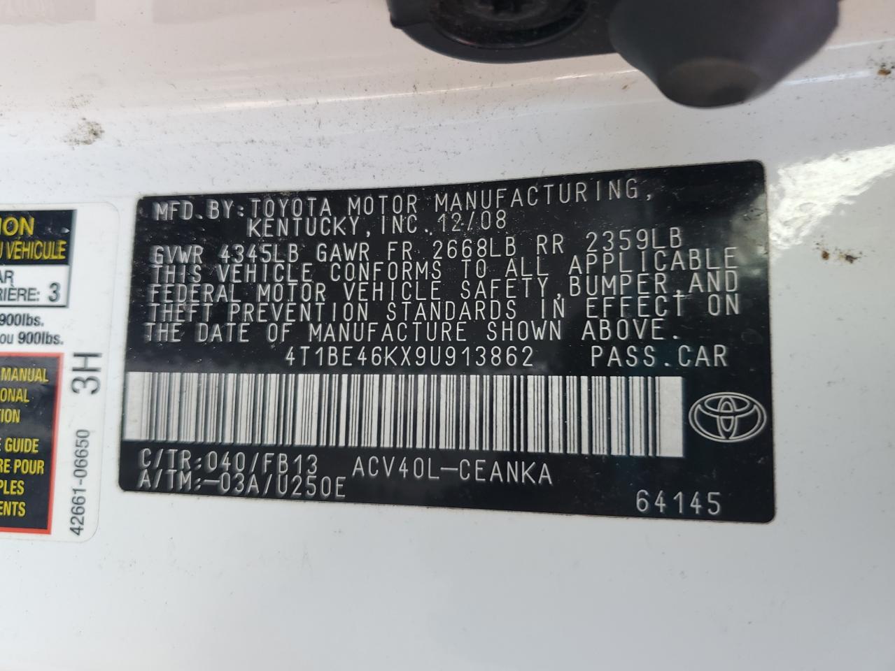 2009 Toyota Camry Base VIN: 4T1BE46KX9U913862 Lot: 71101655