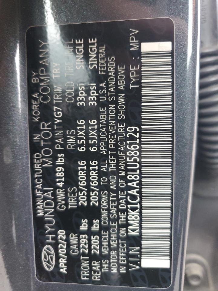 2020 Hyundai Kona Se VIN: KM8K1CAA8LU586129 Lot: 82136235