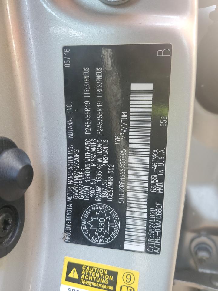 2016 Toyota Highlander Xle VIN: 5TDJKRFH5GS293885 Lot: 70996605