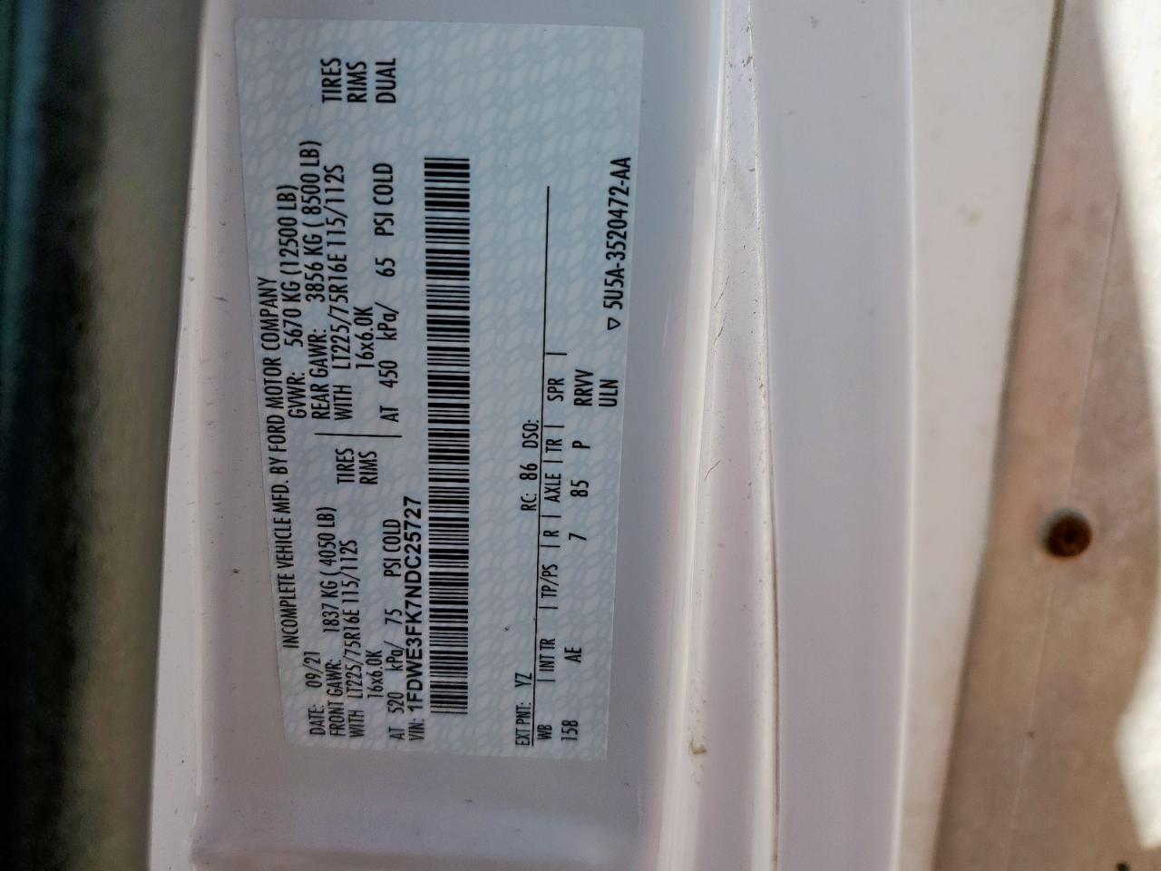 2022 Ford E350 Super Duty Delivery Van VIN: 1FDWE3FK7NDC25727 Lot: 71015455